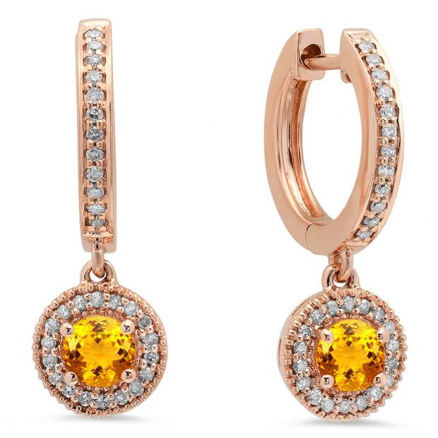 0.70 Carat (ctw) 10K Rose Gold Round Citrine & White Diamond Ladies Halo Style Dangling Drop Earrings 3/4 CT