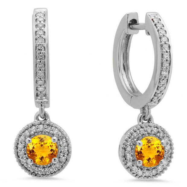 0.70 Carat (ctw) 10K White Gold Round Citrine & White Diamond Ladies Halo Style Dangling Drop Earrings 3/4 CT