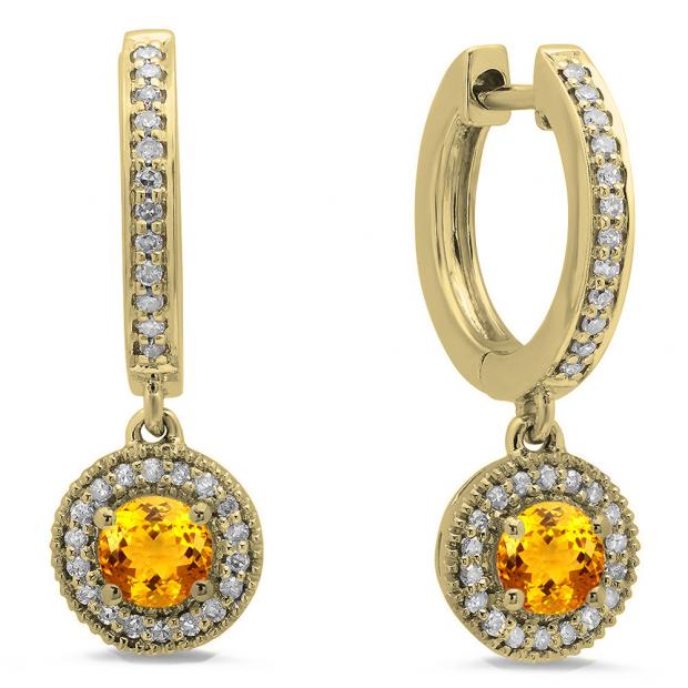0.70 Carat (ctw) 10K Yellow Gold Round Citrine & White Diamond Ladies Halo Style Dangling Drop Earrings 3/4 CT