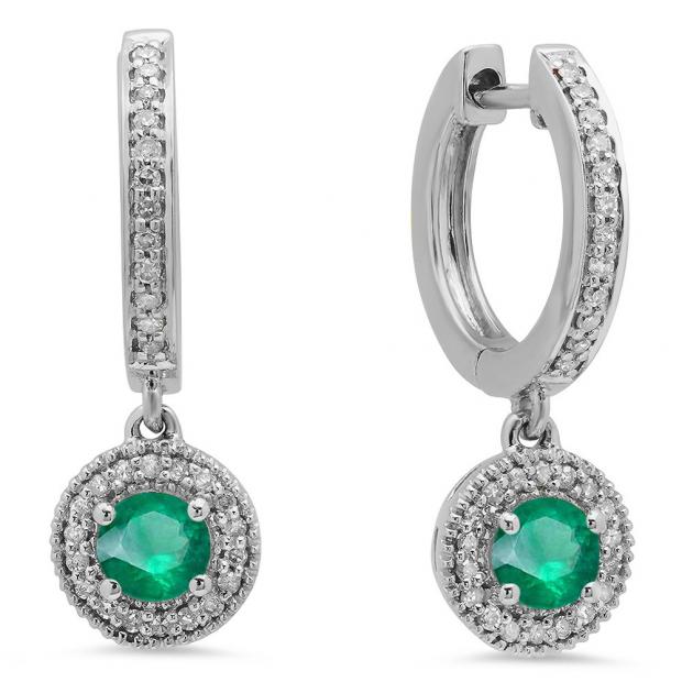 0.70 Carat (ctw) 10K White Gold Round Emerald & White Diamond Ladies Halo Style Dangling Drop Earrings 3/4 CT