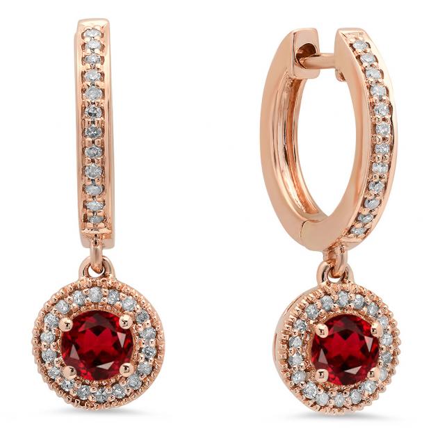 0.70 Carat (ctw) 10K Rose Gold Round Garnet & White Diamond Ladies Halo Style Dangling Drop Earrings 3/4 CT