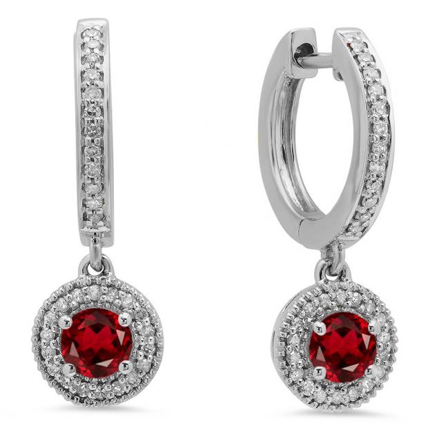 0.70 Carat (ctw) 10K White Gold Round Garnet & White Diamond Ladies Halo Style Dangling Drop Earrings 3/4 CT