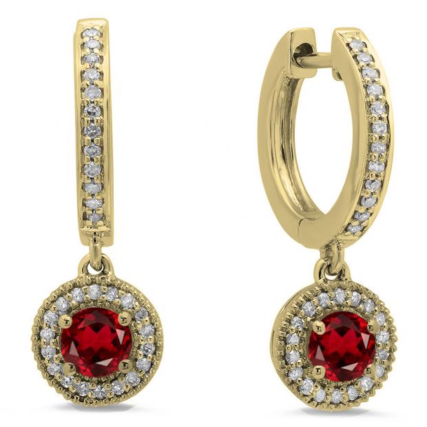 0.70 Carat (ctw) 10K Yellow Gold Round Garnet & White Diamond Ladies Halo Style Dangling Drop Earrings 3/4 CT