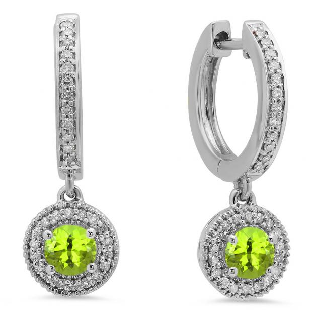 0.70 Carat (ctw) 10K White Gold Round Peridot & White Diamond Ladies Halo Style Dangling Drop Earrings 3/4 CT