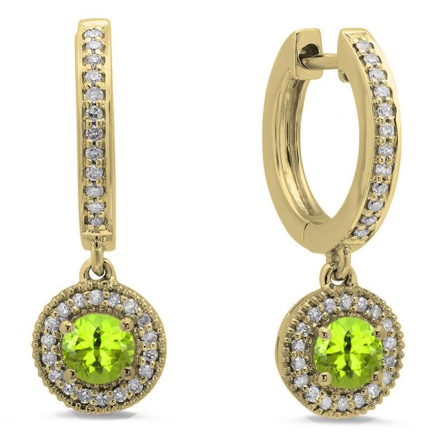 0.70 Carat (ctw) 10K Yellow Gold Round Peridot & White Diamond Ladies Halo Style Dangling Drop Earrings 3/4 CT
