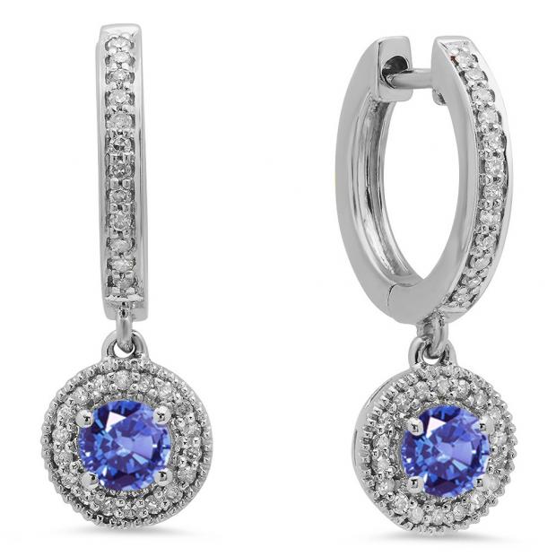 0.70 Carat (ctw) 10K White Gold Round Tanzanite & White Diamond Ladies Halo Style Dangling Drop Earrings 3/4 CT