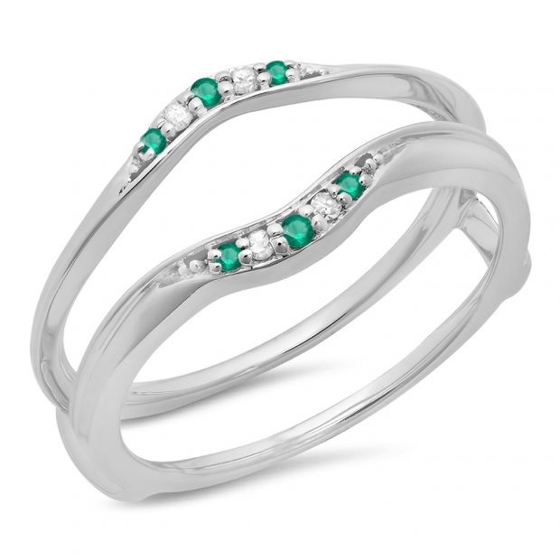 0.10 Carat (ctw) 10K White Gold Round Emerald & White Diamond Ladies Anniversary Wedding Band Guard Double Ring 1/10 CT