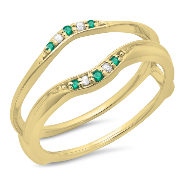 0.10 Carat (ctw) 14K Yellow Gold Round Emerald & White Diamond Ladies Anniversary Wedding Band Guard Double Ring 1/10 CT