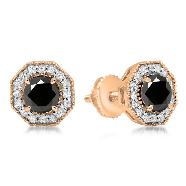 1.50 Carat (ctw) 10K Rose Gold Round Cut Black & White Diamond Ladies Halo Style Stud Earrings 1 1/2 CT