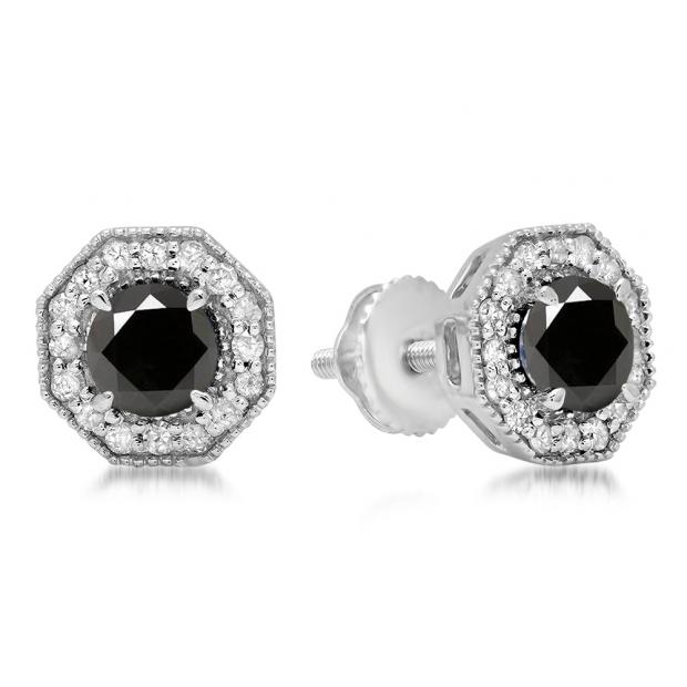 1.50 Carat (ctw) 10K White Gold Round Cut Black & White Diamond Ladies Halo Style Stud Earrings 1 1/2 CT