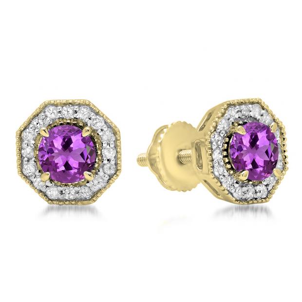 1.50 Carat (ctw) 10K Yellow Gold Round Cut Amethyst & White Diamond Ladies Halo Style Stud Earrings 1 1/2 CT