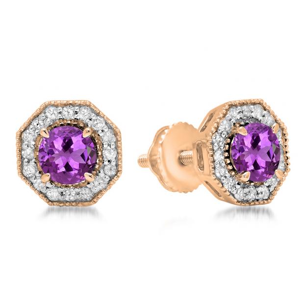 1.50 Carat (ctw) 14K Rose Gold Round Cut Amethyst & White Diamond Ladies Halo Style Stud Earrings 1 1/2 CT