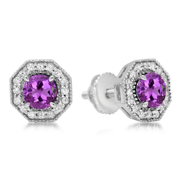 1.50 Carat (ctw) 14K White Gold Round Cut Amethyst & White Diamond Ladies Halo Style Stud Earrings 1 1/2 CT