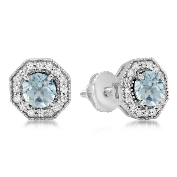 1.50 Carat (ctw) 14K White Gold Round Cut Aquamarine & White Diamond Ladies Halo Style Stud Earrings 1 1/2 CT