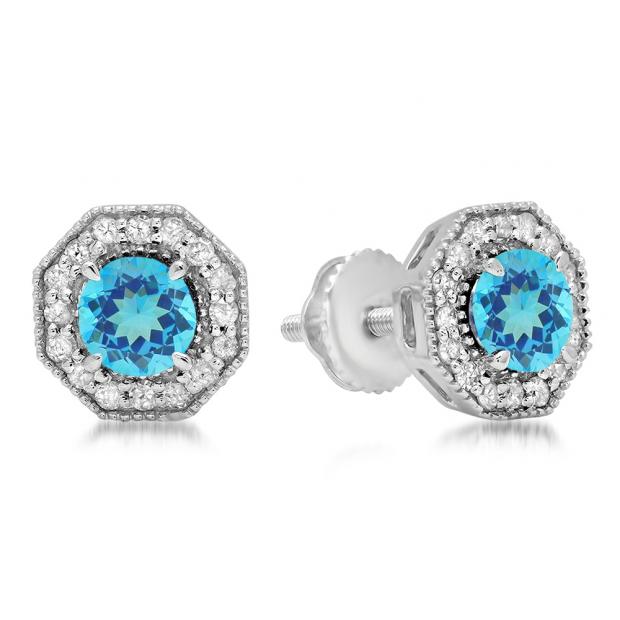 1.50 Carat (ctw) 14K White Gold Round Cut Blue Topaz & White Diamond Ladies Halo Style Stud Earrings 1 1/2 CT