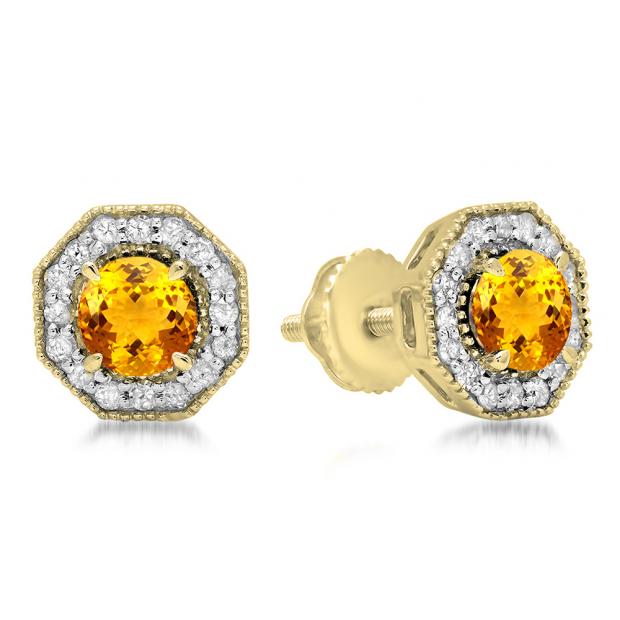 1.50 Carat (ctw) 18K Yellow Gold Round Cut Citrine & White Diamond Ladies Halo Style Stud Earrings 1 1/2 CT