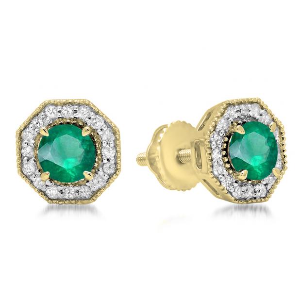 1.50 Carat (ctw) 10K Yellow Gold Round Cut Emerald & White Diamond Ladies Halo Style Stud Earrings 1 1/2 CT