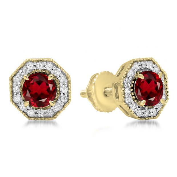 1.50 Carat (ctw) 10K Yellow Gold Round Cut Garnet & White Diamond Ladies Halo Style Stud Earrings 1 1/2 CT