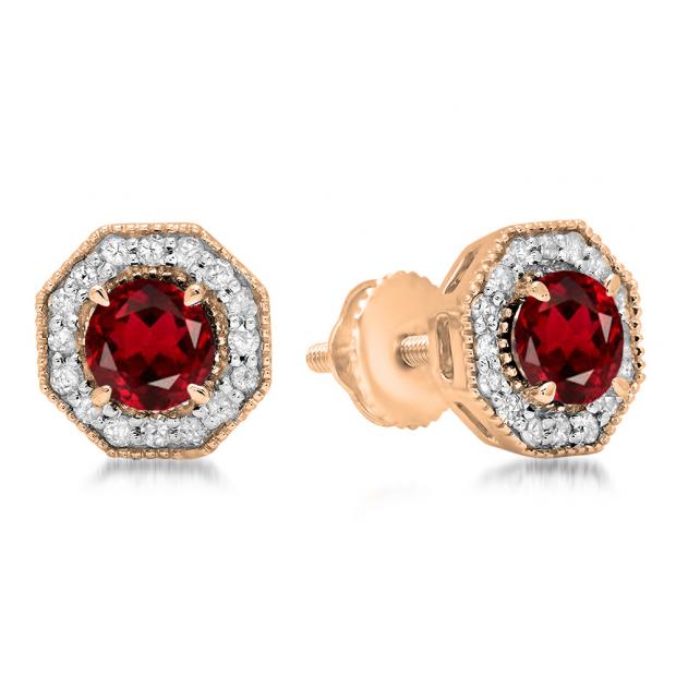 1.50 Carat (ctw) 14K Rose Gold Round Cut Garnet & White Diamond Ladies Halo Style Stud Earrings 1 1/2 CT