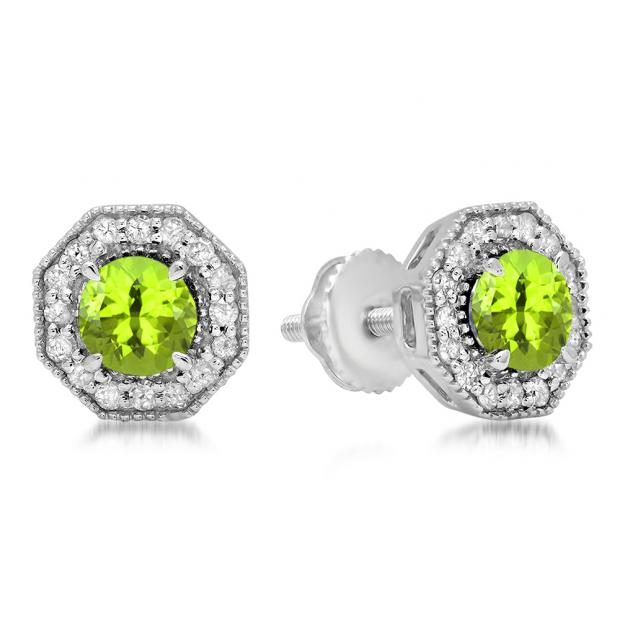 1.50 Carat (ctw) 14K White Gold Round Cut Peridot & White Diamond Ladies Halo Style Stud Earrings 1 1/2 CT
