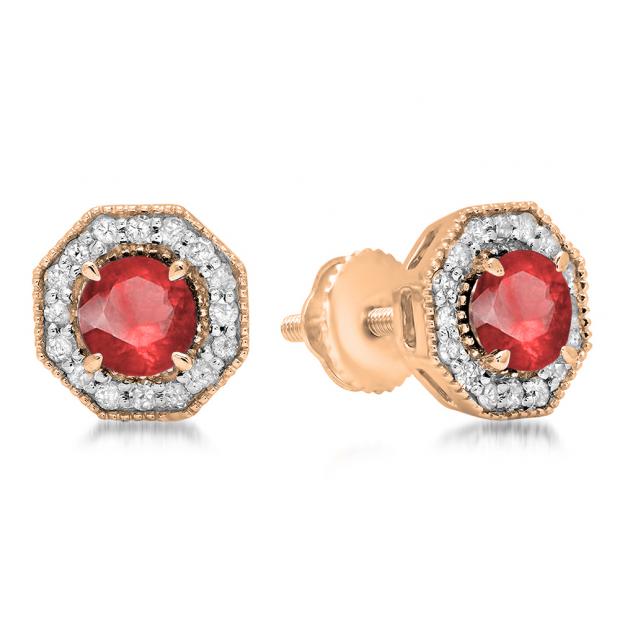1.50 Carat (ctw) 14K Rose Gold Round Cut Ruby & White Diamond Ladies Halo Style Stud Earrings 1 1/2 CT