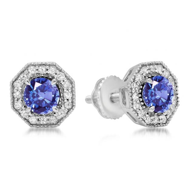 1.50 Carat (ctw) 10K White Gold Round Cut Tanzanite & White Diamond Ladies Halo Style Stud Earrings 1 1/2 CT