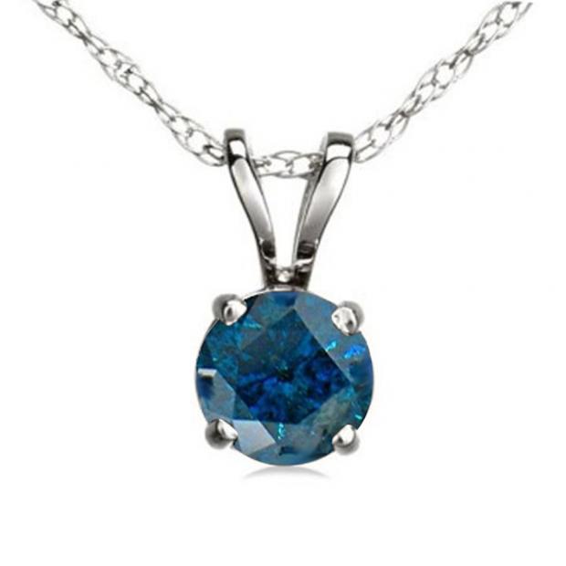 1.00 Carat (ctw) 14K White Gold Round Blue Diamond Ladies Solitaire Pendant 1 CT