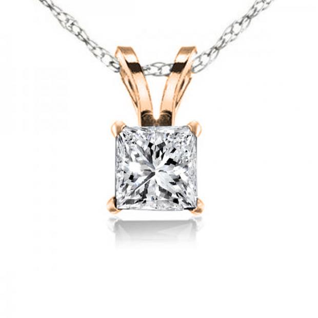 0.25 Carat (ctw) 10K Rose Gold Princess Cut White Diamond Ladies Solitaire Pendant 1/4 CT