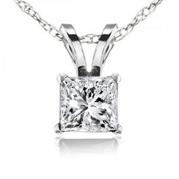 0.50 Carat (ctw) 10K White Gold Princess Cut White Diamond Ladies Solitaire Pendant 1/2 CT