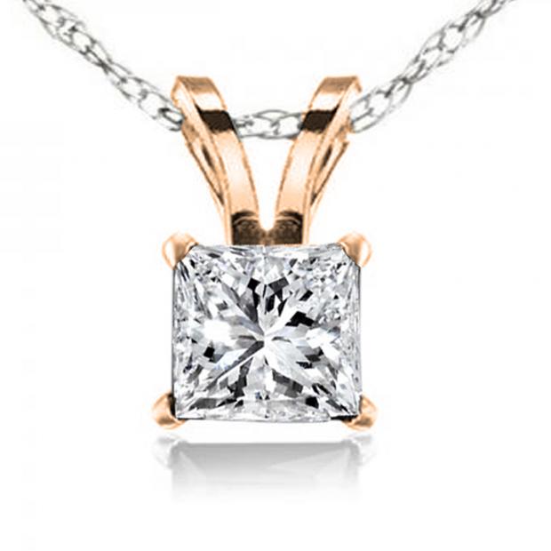 0.74 Carat (ctw) 10K Rose Gold Princess Cut White Diamond Ladies Solitaire Pendant 3/4 CT