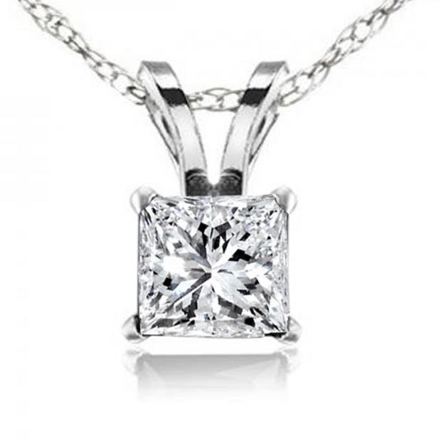 0.74 Carat (ctw) 10K White Gold Princess Cut White Diamond Ladies Solitaire Pendant 3/4 CT