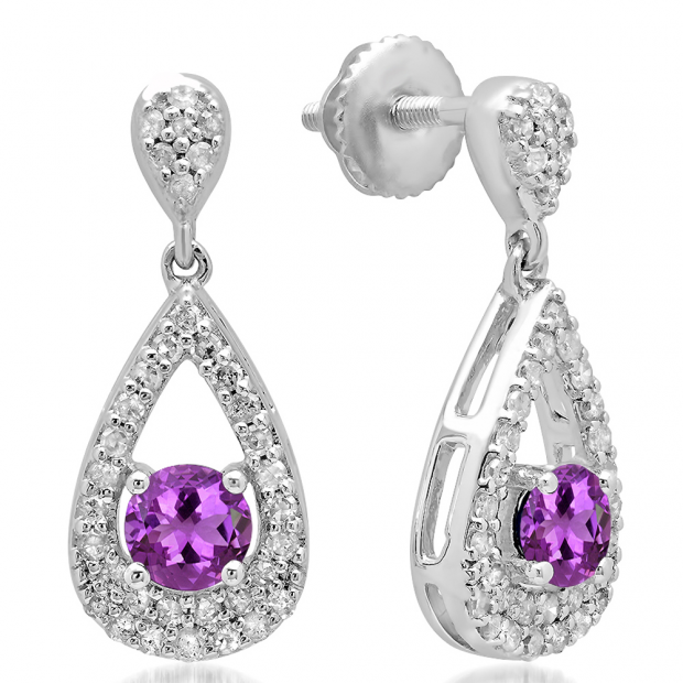 1.50 Carat (ctw) 10K White Gold Round Cut Amethyst & White Diamond Ladies Dangling Drop Earrings 1 1/2 CT
