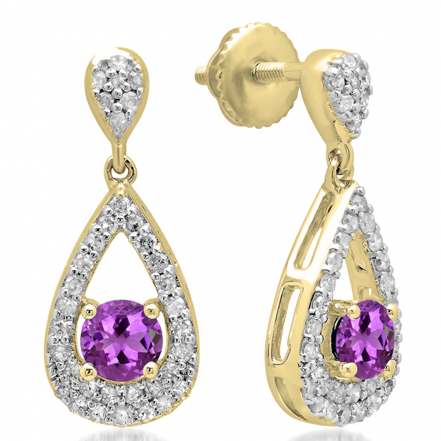 1.50 Carat (ctw) 14K Yellow Gold Round Cut Amethyst & White Diamond Ladies Dangling Drop Earrings 1 1/2 CT