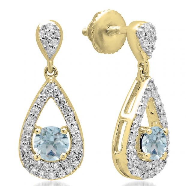 1.50 Carat (ctw) 10K Yellow Gold Round Cut Aquamarine & White Diamond Ladies Dangling Drop Earrings 1 1/2 CT