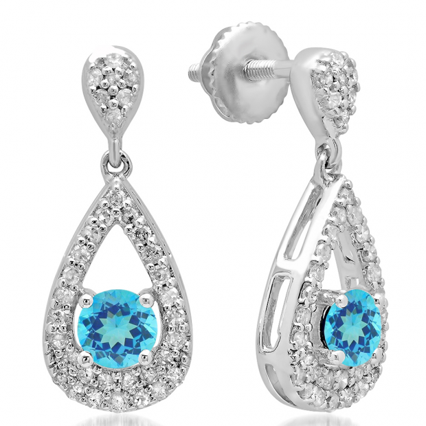 1.50 Carat (ctw) 14K White Gold Round Cut Blue Topaz & White Diamond Ladies Dangling Drop Earrings 1 1/2 CT