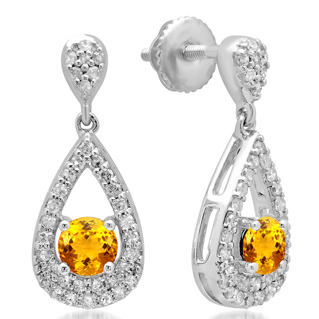 1.50 Carat (ctw) 10K White Gold Round Cut Citrine & White Diamond Ladies Dangling Drop Earrings 1 1/2 CT