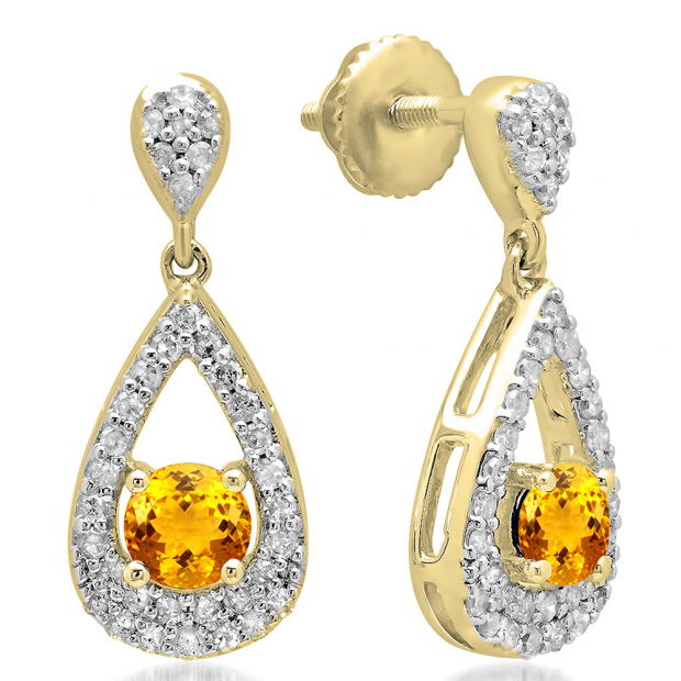 1.50 Carat (ctw) 14K Yellow Gold Round Cut Citrine & White Diamond Ladies Dangling Drop Earrings 1 1/2 CT