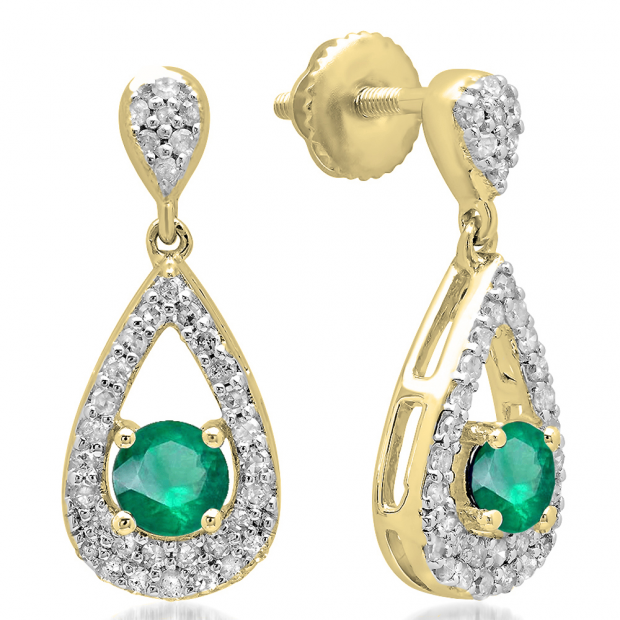 1.50 Carat (ctw) 10K Yellow Gold Round Cut Emerald & White Diamond Ladies Dangling Drop Earrings 1 1/2 CT