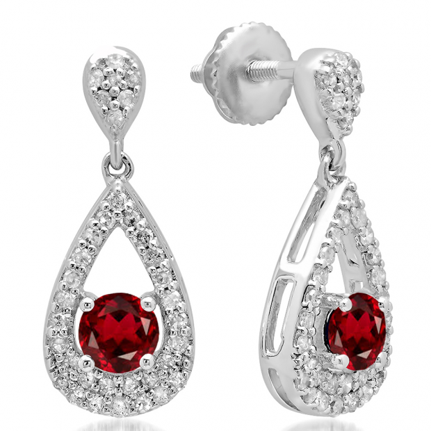 1.50 Carat (ctw) 10K White Gold Round Cut Garnet & White Diamond Ladies Dangling Drop Earrings 1 1/2 CT