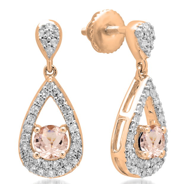 1.50 Carat (ctw) 14K Rose Gold Round Cut Morganite & White Diamond Ladies Dangling Drop Earrings 1 1/2 CT