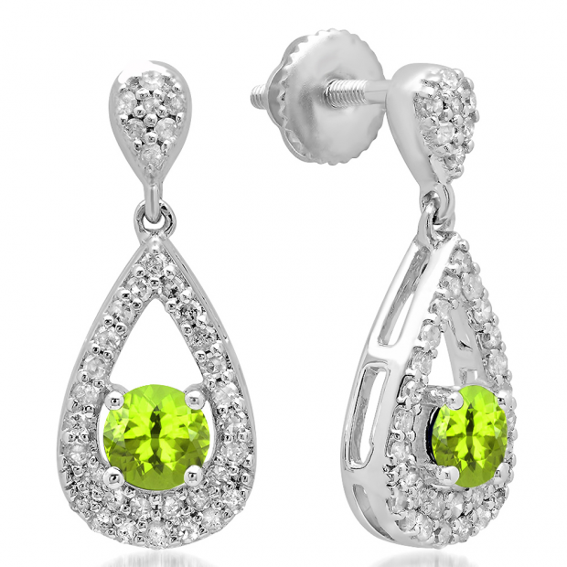 1.50 Carat (ctw) 10K White Gold Round Cut Peridot & White Diamond Ladies Dangling Drop Earrings 1 1/2 CT