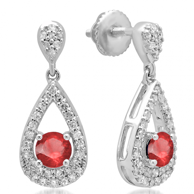 1.50 Carat (ctw) 10K White Gold Round Cut Ruby & White Diamond Ladies Dangling Drop Earrings 1 1/2 CT