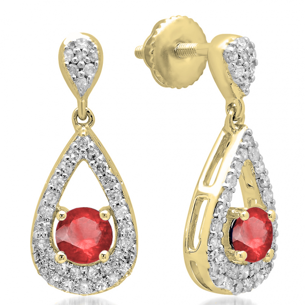 1.50 Carat (ctw) 14K Yellow Gold Round Cut Ruby & White Diamond Ladies Dangling Drop Earrings 1 1/2 CT