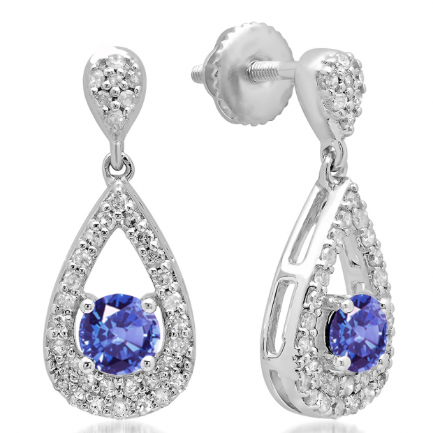 1.50 Carat (ctw) 14K White Gold Round Cut Tanzanite & White Diamond Ladies Dangling Drop Earrings 1 1/2 CT