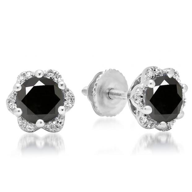 1.95 Carat (ctw) 18K White Gold Round Cut Black & White Diamond Ladies Flower Shape Cluster Fashion Stud Earrings 2 CT