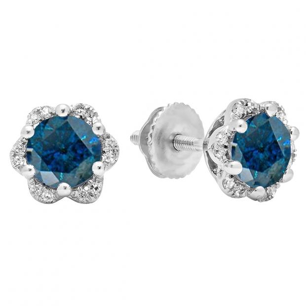 1.95 Carat (ctw) 10K White Gold Round Cut Blue & White Diamond Ladies Flower Shape Cluster Fashion Stud Earrings 2 CT