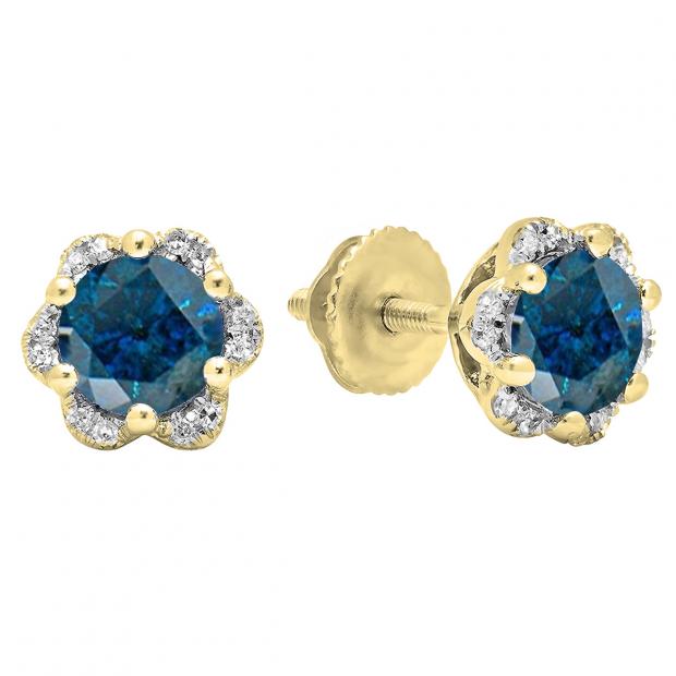 1.95 Carat (ctw) 10K Yellow Gold Round Cut Blue & White Diamond Ladies Flower Shape Cluster Fashion Stud Earrings 2 CT