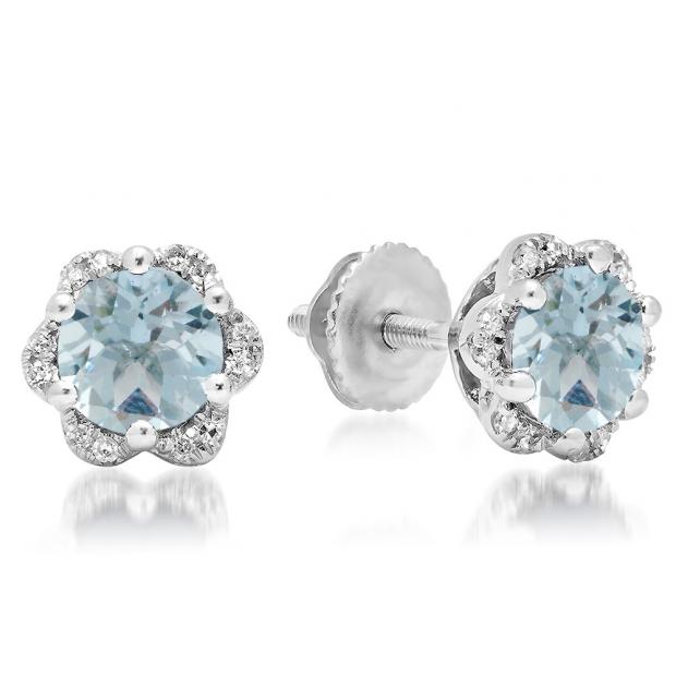 1.95 Carat (ctw) 10K White Gold Round Cut Aquamarine & White Diamond Ladies Flower Shape Cluster Fashion Stud Earrings 2 CT