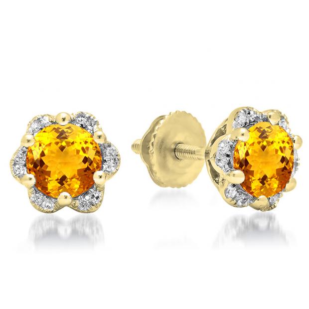 1.95 Carat (ctw) 10K Yellow Gold Round Cut Citrine & White Diamond Ladies Flower Shape Cluster Fashion Stud Earrings 2 CT