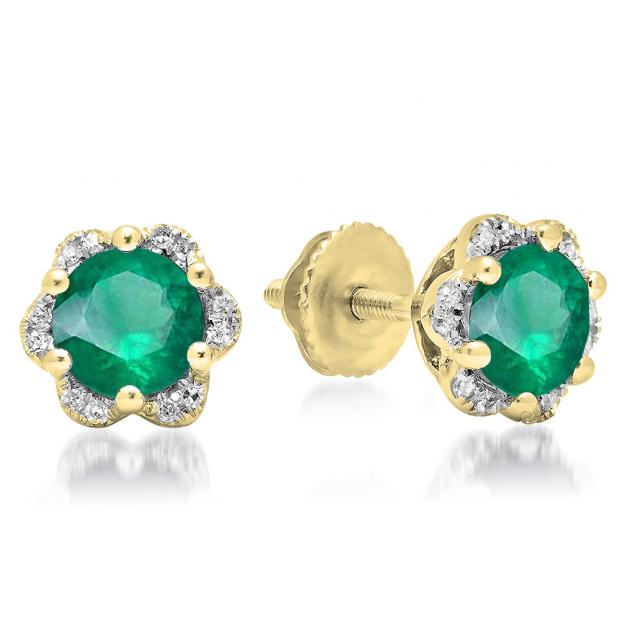 1.95 Carat (ctw) 10K Yellow Gold Round Cut Emerald & White Diamond Ladies Flower Shape Cluster Fashion Stud Earrings 2 CT